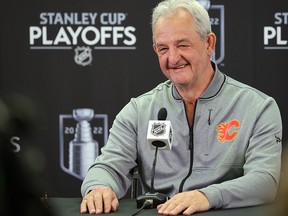 Calgary Flames head coach Darryl Sutter, pictured speaking with the media prior to the start of the first-round playoff series with the Dallas Stars,  also seemed at ease on the eve of the club’s Game 7 showdown at Scotiabank Saddledome on Sunday.