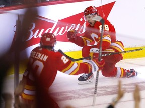 Calgary Flames Andrew Mangiapane scores game winner on Dallas Stars Jake Oettinger in third period action during game five of the Western Conference finals at the Scotiabank Saddledome in Calgary on Wednesday, May 11, 2022.