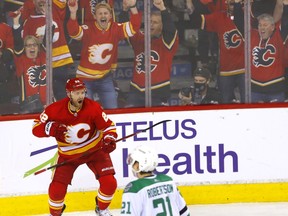 Calgary Flames Trevor Lewis scores an empty-net goal on the Dallas Stars in third-period action during game five of the Western Conference finals at the Scotiabank Saddledome in Calgary on Wednesday, May 11, 2022.