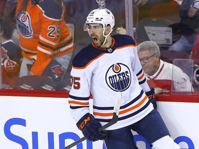 Calgary Flames goalie Jacob Markstrom is scored on by Edmonton Oilers Evan Bouchard in second period action during Round two of the Western Conference finals at the Scotiabank Saddledome in Calgary on Friday, May 20, 2022. Darren Makowichuk/Postmedia