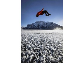 Figure skater Elladj Balde demonstrates his signature move, the backflip.