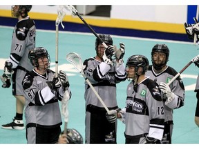 The Calgary Roughnecks salute their fans as their season ended with a loss to the Colorado Mammoth in a National Lacrosse League quarter-final on WestJet Field at Scotiabank Saddledome in Calgary on Friday, May 6, 2022.