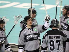 The Roughnecks salute their fans as their season ended with a loss to the Colorado Mammoth in a National Lacrosse League quarter-final on WestJet Field at Scotiabank Saddledome in Calgary on Friday, May 6, 2022.