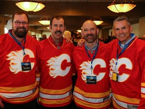 From left: Dana Murzyn. Jamie Macoun, Jeff Shantz and Perry Berezan before taking part in the 2014 Calgary Pro-Am Alazheimer’s Hockey Tournament at WinSport