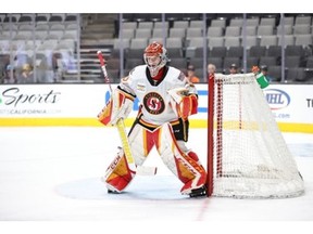 Calgary Flames prospect Dustin Wolf was named the American Hockey League's top puck stopper in his first year with the Stockton Heat. Wolf posted 33 wins with a .924 save percentage this season. Photo courtesy of Stockton Heat