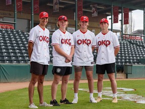 From left, Okotoks Dawgs players Brody Forno, Connor Crowson, Rylan Penner and Alejandro Cazorla.
