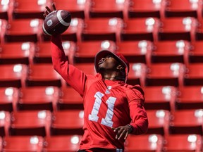 Calgary Stampeders defensive back Raheem Wilson catches the ball during practice at McMahon Stadium on June 8, 2022.