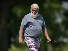 John Daly of the United States reacts after missing a putt on the 10th green during the final round of the Principal Charity Classic at Wakonda Club on June 05, 2022 in Des Moines, Iowa.