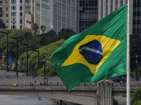 View of a Brazilian flag in downtown Sao Paulo, Nov. 23, 2020.