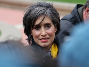 Chestermere-Rocky View MLA Leela Aheer speaks with media at McDougall Centre in Calgary on May 19, 2022.