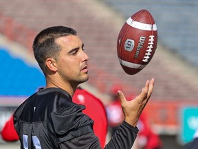 Quarterback Jake Maier, pictured during training camp at McMahon Stadium in May, will get the ball as the Calgary Stampeders face the host Edmonton Elks in pre-season action on Friday, June 3, 2022.
