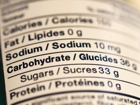 Nutritional information is seen on a product label.