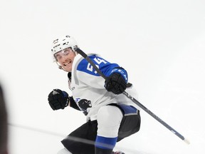 The Saint John Sea Dogs' Jeremie Poirier reacts after scoring a go-ahead goal in the second period of Memorial Cup hockey action against the Shawinigan Cataractes in Saint John, N.B. on Saturday, June 25.