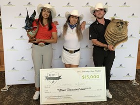 From left, Angela Arora, Christine Wong and Ashton McCulloch celebrate their titles at the 2021 Digital Commerce Bank Glencoe Invitational. Wong is back this year to defend her pro championship.