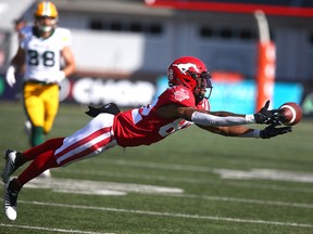 Calgary Stampeders receiver Malik Henry stretches for a ball during a game against the Edmonton Elks at McMahon Stadium in Calgary on Saturday, June 25, 2022.