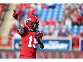 Calgary Stampeders Bo Levi Mitchell celebrates a first half touchdown against the Edmonton Elks at McMahon Stadium in Calgary on Saturday, June 25, 2022.