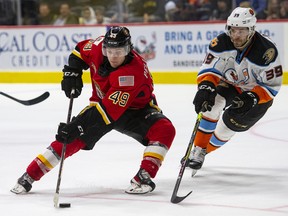 Calgary Flames forward prospect Jakob Pelletier, left, finished second in goals and points for the Stockton Heat this season while also showcasing his defensive play.
