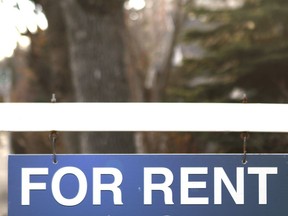 A for rent sign is shown in front of a rental property on 4th Street S.W. in Calgary.