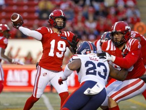 Calgary Stampeders quarterback Bo Levi Mitchell throws against the Montreal Alouettes at McMahon Stadium in Calgary on Thursday, June 9, 2022.