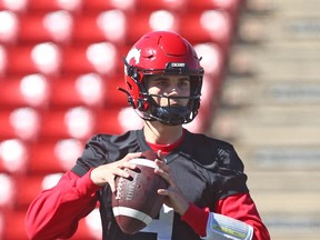 Matteo Spoletini throws at Stampeders camp in Calgary in this photo from May 11. Spoletini, of the University of Calgary Dinos, attended training camp with the Stamps as part of the CFL's Canadian quarterback internship program.