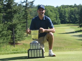 Calgary’s Wes Heffernan, who teaches lessons at Dynamic Motion Golf Performance, celebrates winning the BetRegal PGA Championship of Canada at Beacon Hall Golf Club in Aurora, Ont., on Friday, June 24, 2022.