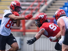 The Calgary Stampeders’ Jalen Philpot runs with the ball during practice at McMahon Stadium on June 21, 2022. Philpot is getting his first start at wide receiver for the Stamps as they face the Edmonton Elks on Thursday