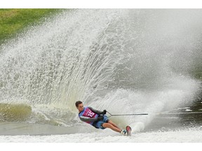 LIMA, PERU - JULY 30: Dorien Llewellyn of Canada #15 competes in the Men's Overall Waterski Finals on Day 4 of Lima 2019 Pan American Games at at Laguna Bujama on July 30, 2019 in Lima, Peru.