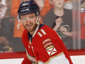 Jonathan Huberdeau and Calgary Flames GM Brad Treliving held a meet-and-greet in Montreal on Monday.