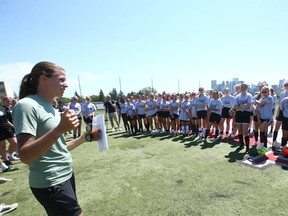 Former women's Canadian soccer goalkeeper Steph Labbe conducts a soccer clinic in Calgary at SAIT on Thursday, July 14, 2022. Labbé is travelling across Canada doing a limited number of youth soccer clinics and club visits. This opportunity for female youth players includes on field activity with Labbé, a penalty shootout, a motivational speech, question and answer period, a meet and greet, and an autograph session. Jim Wells/Postmedia