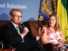 Tyler McCann, Managing Director Canadian Agri-Food Policy Institute and Angela Marshall Hofmann, VP International Trade and Supply Chain Resiliency ST&R Sandler, Travis & Rosenberg, P.A. speak at a panel discussion at the PNWER 2022 Summit in Calgary on Tuesday, July 26, 2022.