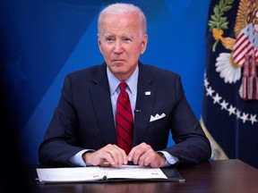 U.S. President Joe Biden participates in a virtual meeting with governors while discussing reproductive health care, following the U.S. Supreme Court ruling in the Dobbs v Jackson Women's Health Organization abortion case, overturning the landmark Roe v Wade abortion decision, at the White House in Washington, D.C., Friday, July 1, 2022.