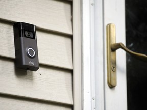 A Ring doorbell camera is seen installed outside a home in Wolcott, Conn., on July 16, 2019.
