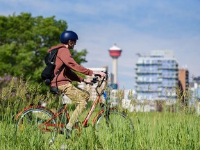 A cyclist rides on the Bow River pathway near Fort Calgary on June 28, 2022.