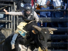 Blake Smith rides Mild to Wild during the Cody Snyder Bullbustin event at the Grey Eagle Resort and Casino on on Tsuut’ina Nation on Wednesday, July 6, 2022.