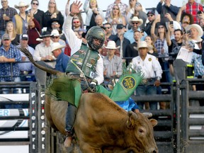 Daylon Swearingen rides Sugar Jacked during the Cody Snyder Bullbustin’ event at the Grey Eagle Resort and Casino on Tsuut’ina Nation on 
 on Wednesday, July 6, 2022.