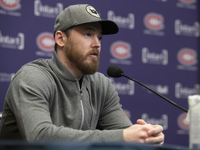 Montreal Canadiens' Paul Byron speaks to reporters on April 30, 2022, during an end-of-season press conference.