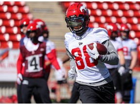Receiver Kamar Jorden runs with the ball during Calgary Stampeders training camp at McMahon Stadium on Monday, May 16, 2022. 
Gavin Young/Postmedia