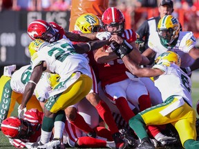 Calgary Stampeders quarterback Tommy Stevens runs in the ball in for the winning touchdown against the Edmonton Elks at McMahon Stadium in Calgary on Saturday, June 25, 2022. The Stampeders won 30-23.