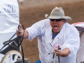 Darcy Flad came off the 1 barrel in Heat 2 to finish first in the Cowboys Rangeland Derby at the Calgary Stampede on Saturday night.