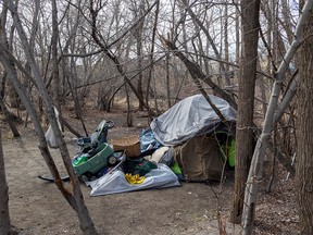 One of several homeless camps along the Bow River near Calgary’s Sunnyside neighbourhood was photographed on April 27, 2022.