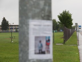 A missing poster is visible near Killarney Junior High School, 13110 91 St., in Edmonton, Saturday July 2, 2022. A 13-year-old Edmonton girl who disappeared more than a week ago has been found in Oregon.