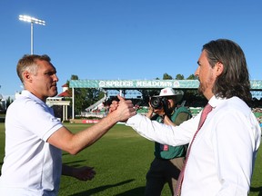 York coach Martin Nash and Cavalry GM/head coach Tommy Wheeldon Jr. greet each other during CPL soccer action between the two teams at ATCO Field at Spruce Meadows on Tuesday.