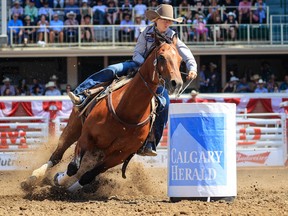Lacombe's Justine Elliott finished second in the barrel-racing wild-card competition at the Calgary Stampede rodeo on Saturday.