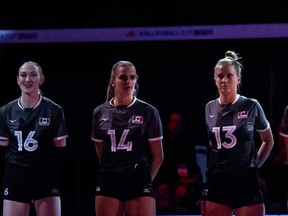 Hilary Howe, centre, and Team Canada prepares for its match against Serbia on Friday at the Volleyball Nations League stop in Calgary. Photo courtesy Volleyball World.