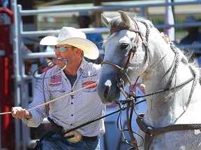 Cowboy Tuf Cooper of Decatur, Texas, posted a time of 7.2 seconds on Day 5 of the tie-down roping event at the Calgary Stampede rodeo on Tuesday.