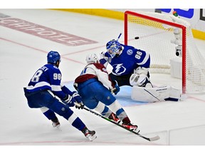 Nazem Kadri scores in overtime of Game 4 of the Colorado Avalanche playoff series against the Tampa Bay Lightning at Amalie Arena on June 22.