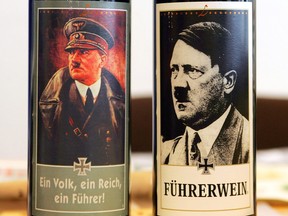 A picture taken on Sept. 12, 2006, shows two bottles of wine bearing the portrait of Adolf Hitler, found by the police after they searched the offices and flats of the extreme-right organization "Kameradschaft Oberlausitz" in Goerlitz, eastern Germany. The police also found evidence of extreme-right background in Bavaria and Baden-Wuertemberg, western Germany, while searching the premises of organizations suspected to operate against the German Constitution.
