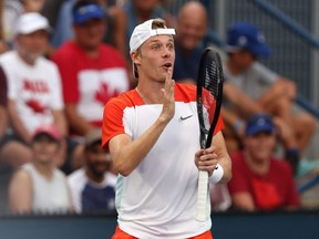 Canada's Denis Shapovalov reacts against Marc-Andrea Huesler of Switzerland in their men's singles match at the U.S. Open at USTA Billie Jean King National Tennis Center in New York City, Tuesday, Aug. 30, 2022.