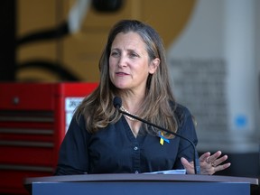Deputy Prime Minister Chrystia Freeland speaks during a press conference at Bison Transport in Calgary on Wednesday, August 31, 2022.