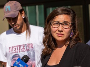 Gina Sansom, sister of Jacob Sansom, speaks outside the courthouse about the 10 year prison sentence that Roger Bilodeau received for the death of Métis-Cree hunters, Jacob Sansom and Maurice (Morris) Cardinal., Friday, Aug. 27, 2022.